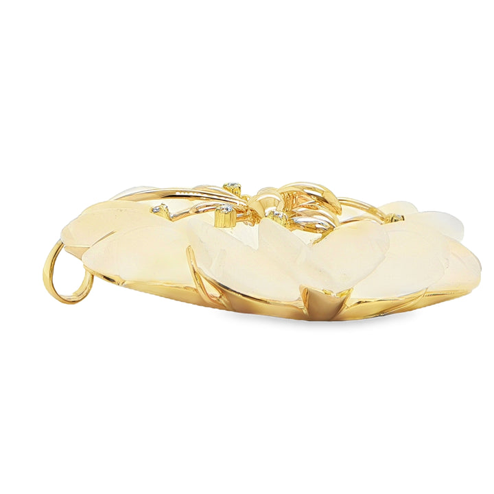 14K Yellow Gold Carved Quartz Flower Pendant with Diamond Accents