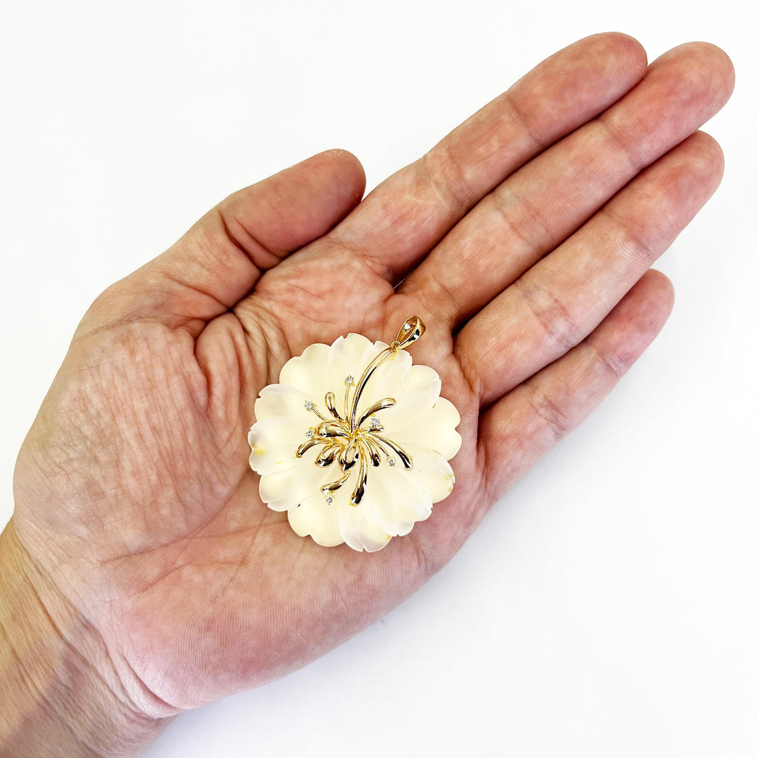 14K Yellow Gold Carved Quartz Flower Pendant with Diamond Accents