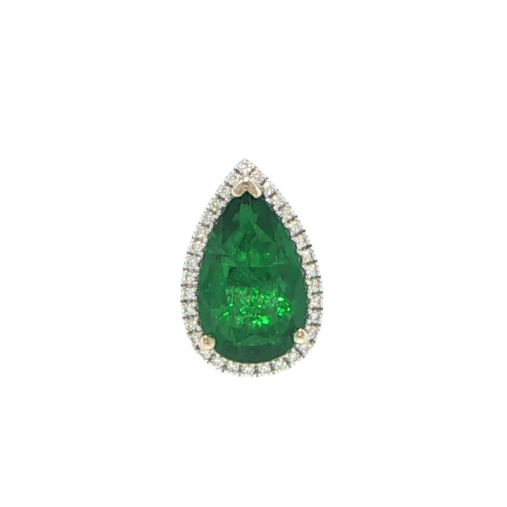 18K White Gold Pear Shape Emerald & Diamond Teardrop Pendant
