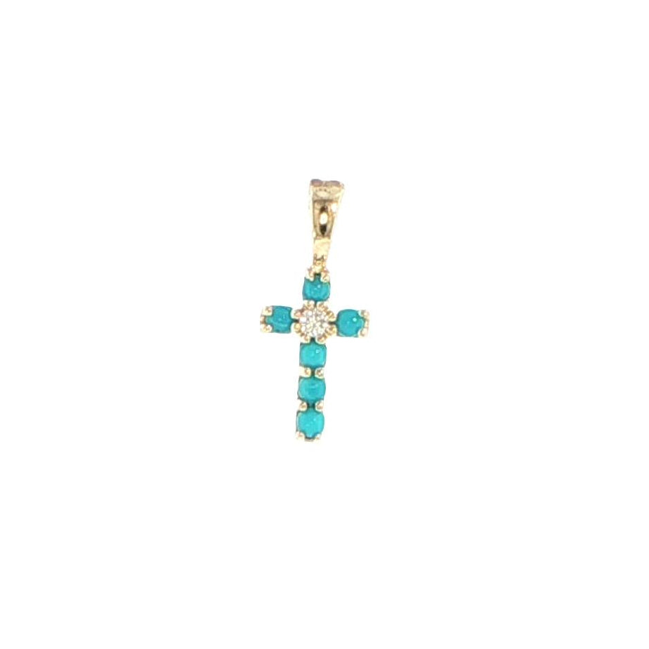 14K Yellow Gold Turquoise & Diamond Cross Pendant