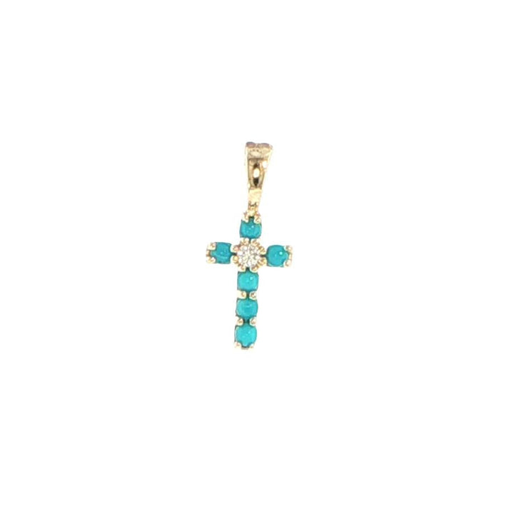 14K Yellow Gold Turquoise & Diamond Cross Pendant