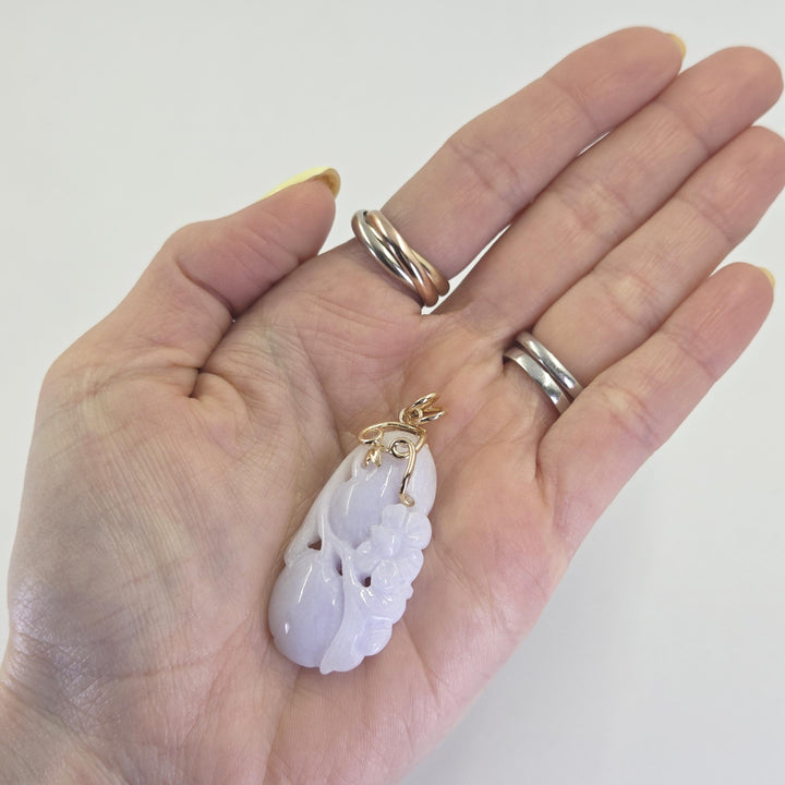 14K Yellow Gold Carved White Jade Flower Pendant