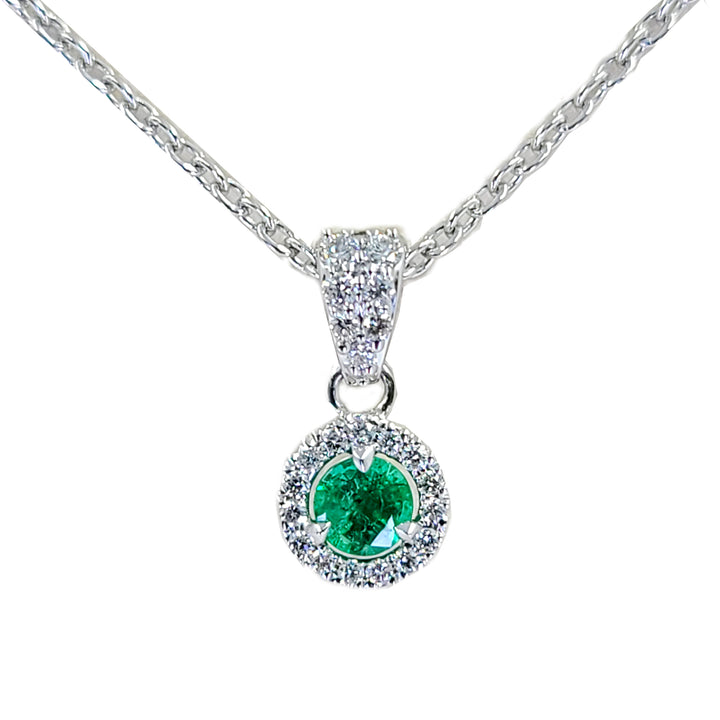 Emerald and Diamond Halo Pendant Necklace