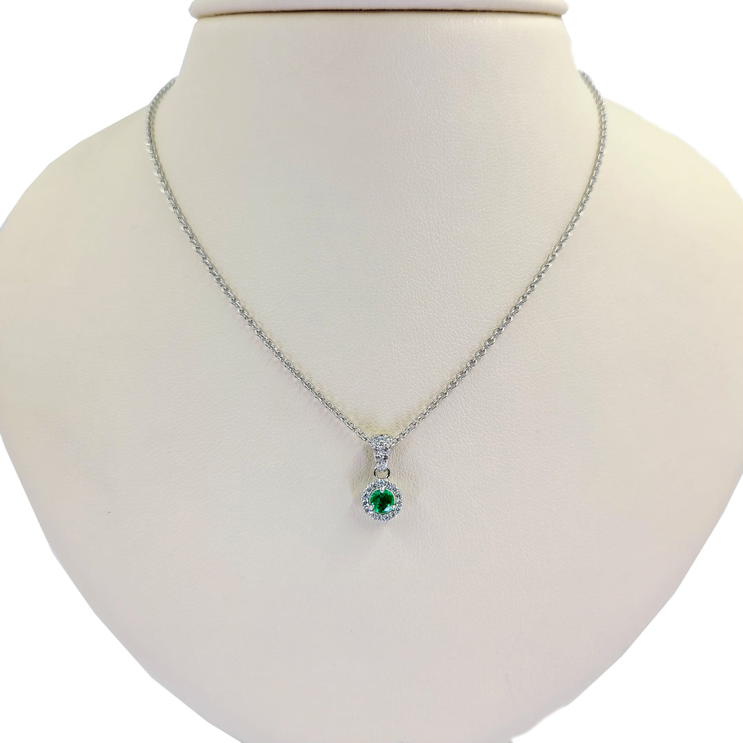 Emerald and Diamond Halo Pendant Necklace