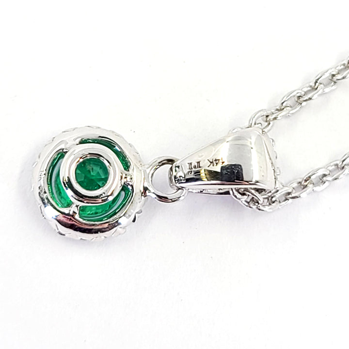 Emerald and Diamond Halo Pendant Necklace
