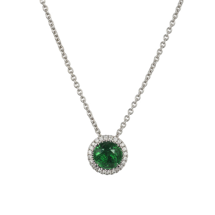 Emerald and Diamond Halo Pendant Necklace