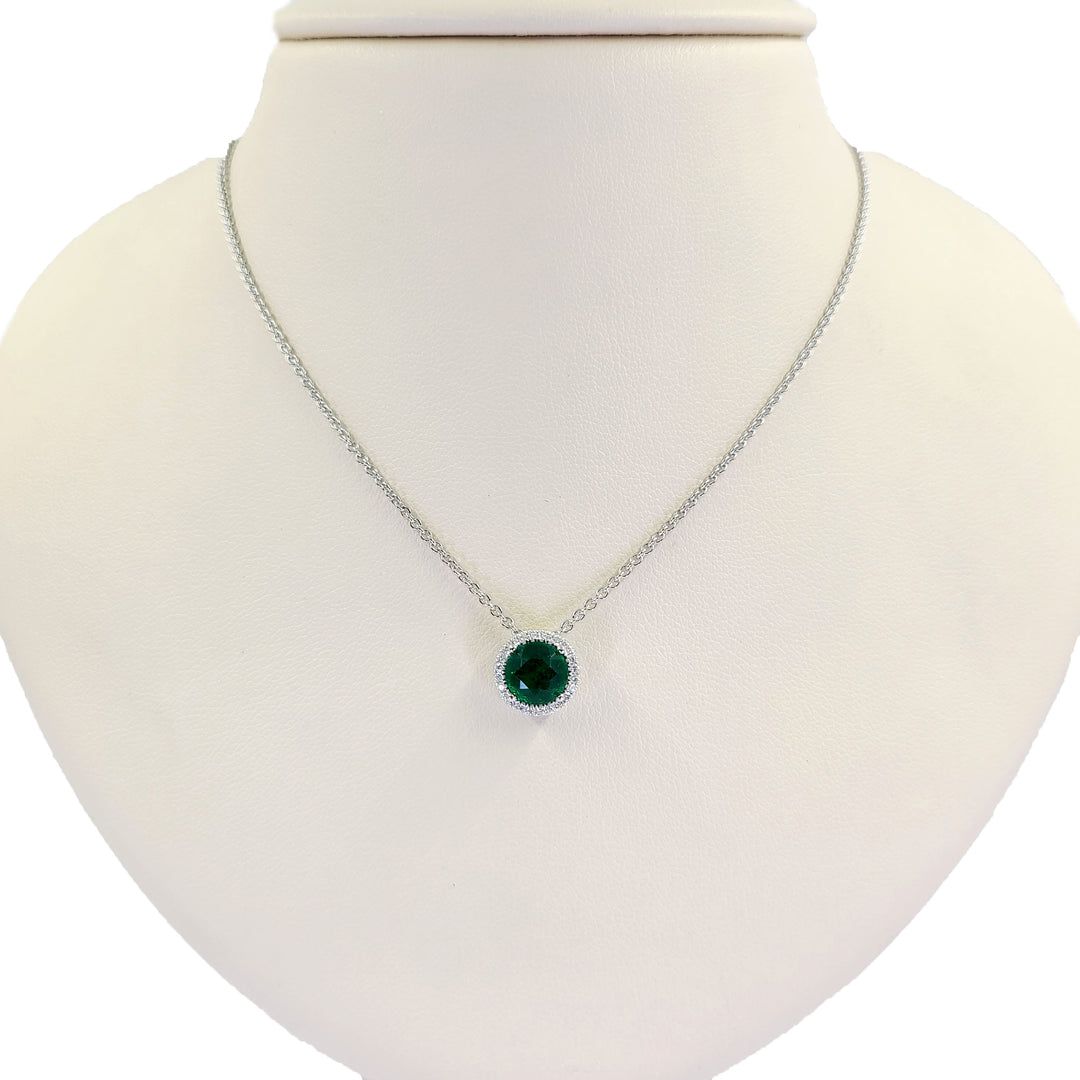 Emerald and Diamond Halo Pendant Necklace