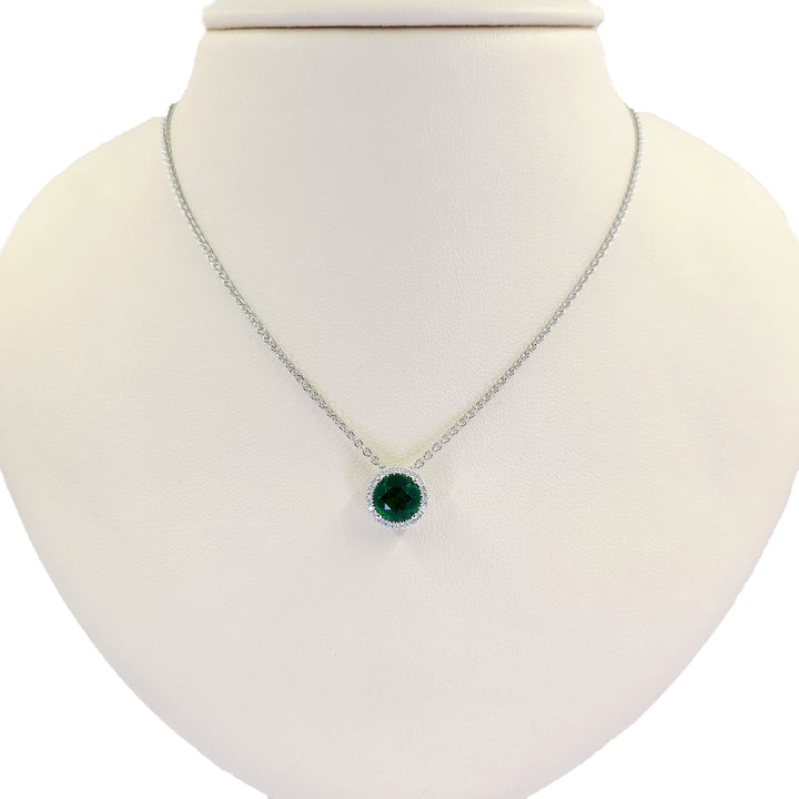 Emerald and Diamond Halo Pendant Necklace
