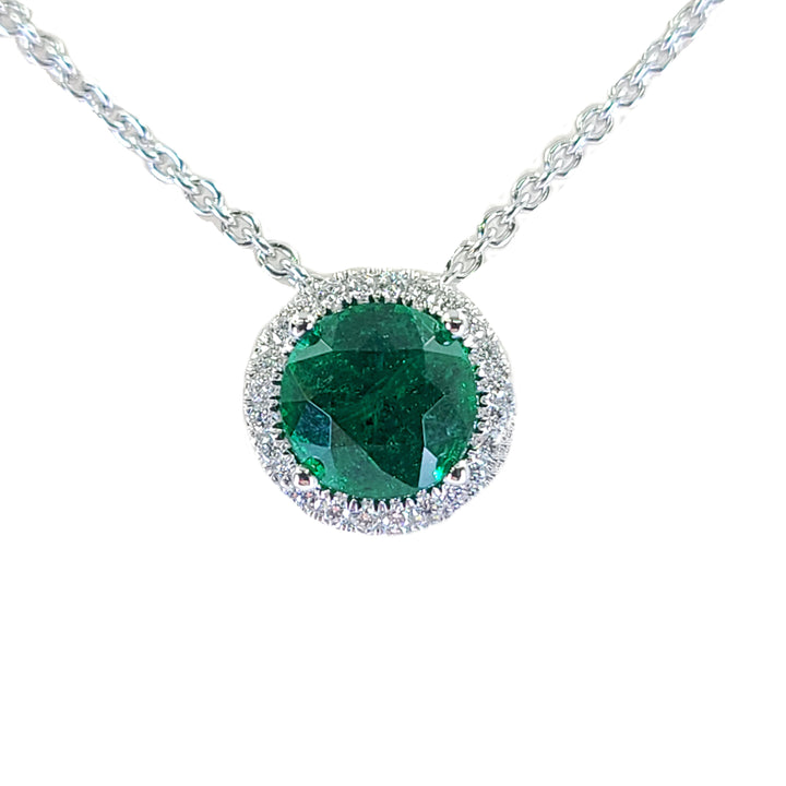 Emerald and Diamond Halo Pendant Necklace