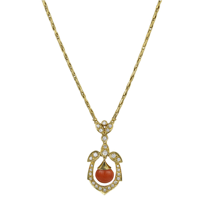 Cabochon Coral and Diamond Necklace