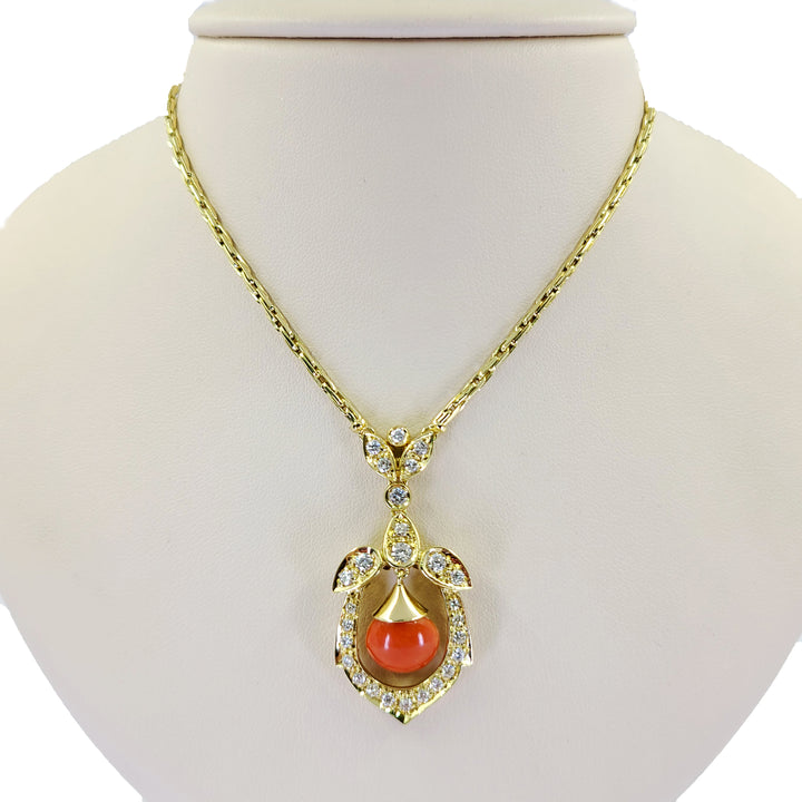 Cabochon Coral and Diamond Necklace