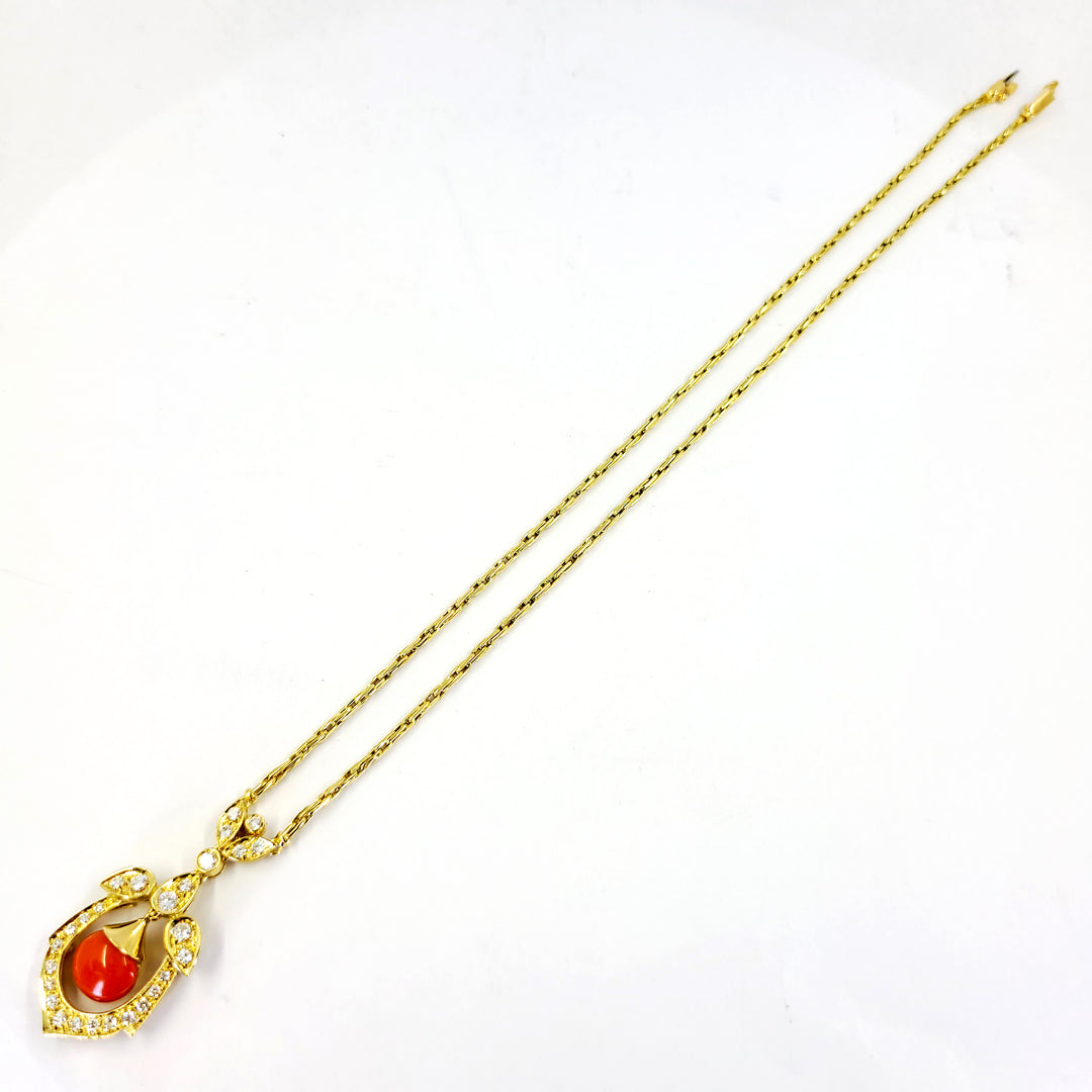 Cabochon Coral and Diamond Necklace