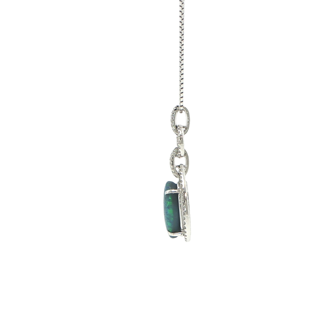 18K White Gold Lightning Ridge Opal Diamond Pendant Necklace
