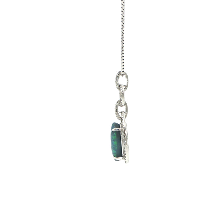 18K White Gold Lightning Ridge Opal Diamond Pendant Necklace