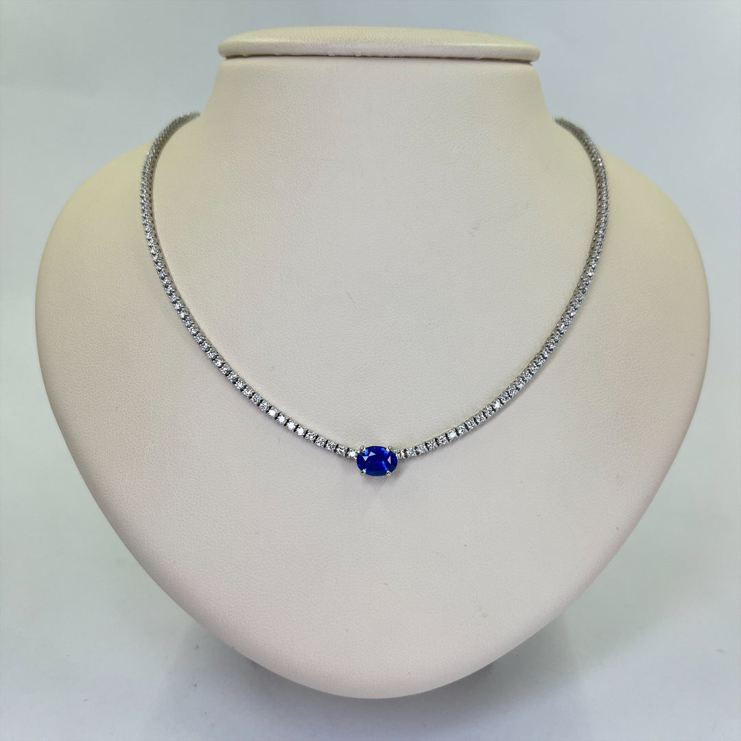 14K White Gold Sapphire & Diamond Tennis Necklace