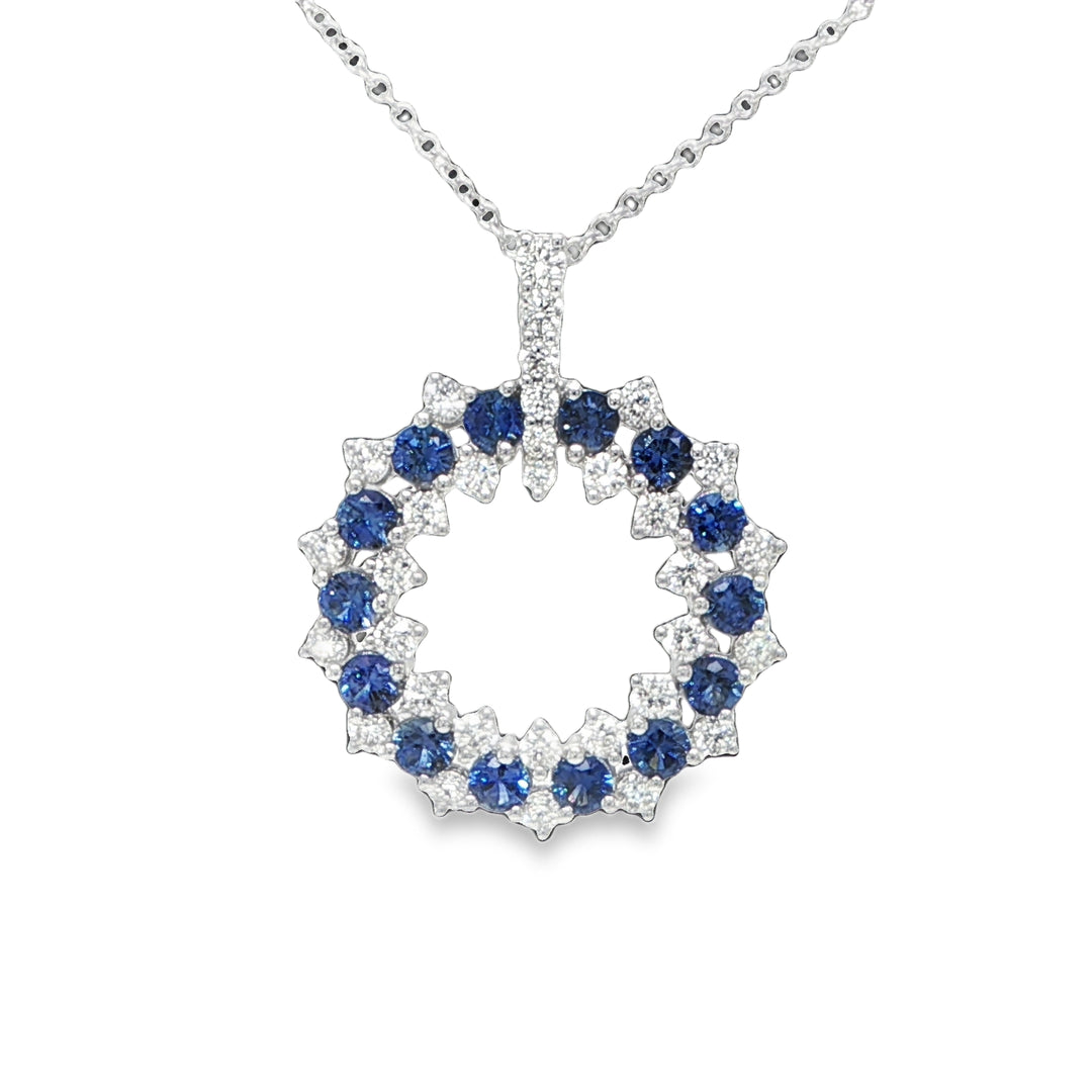 14K White Gold Sapphire & Diamond Double Circle Necklace