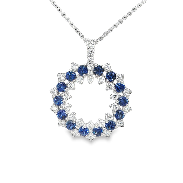 14K White Gold Sapphire & Diamond Double Circle Necklace
