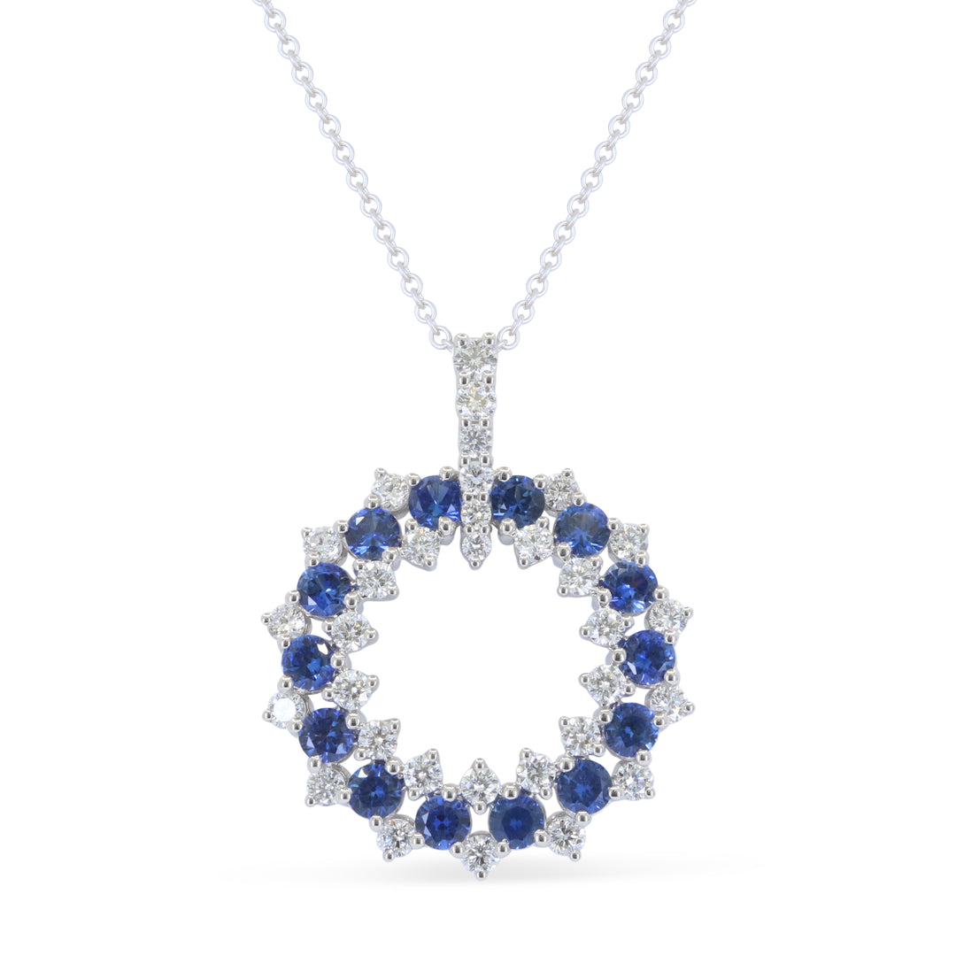 14K White Gold Sapphire & Diamond Double Circle Necklace