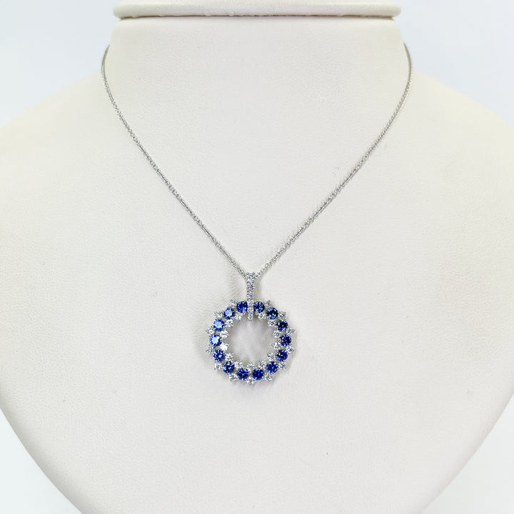 14K White Gold Sapphire & Diamond Double Circle Necklace