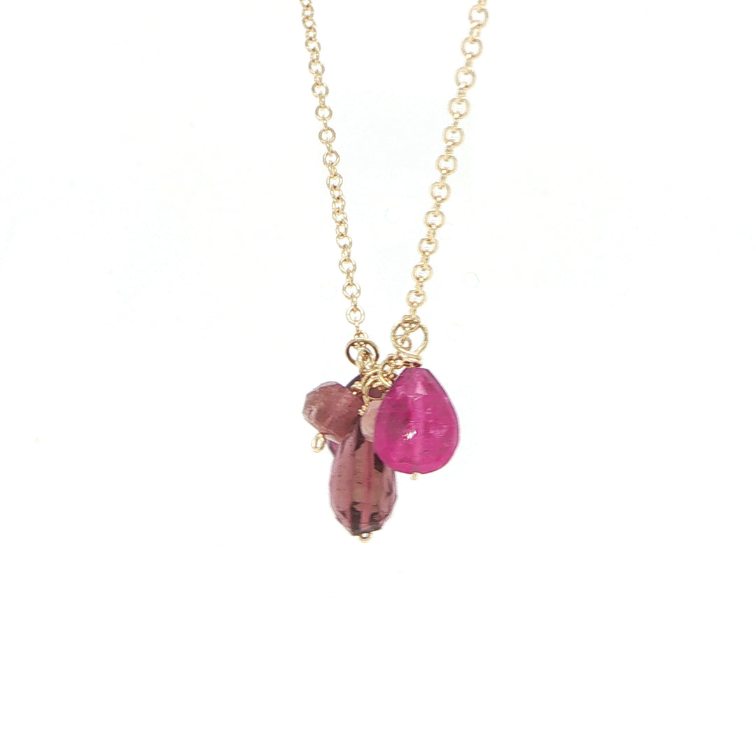 14K Yellow Gold Pink Tourmaline Bead Necklace – 16” Rolo Chain