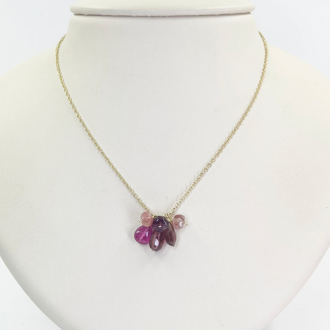 14K Yellow Gold Pink Tourmaline Bead Necklace – 16” Rolo Chain