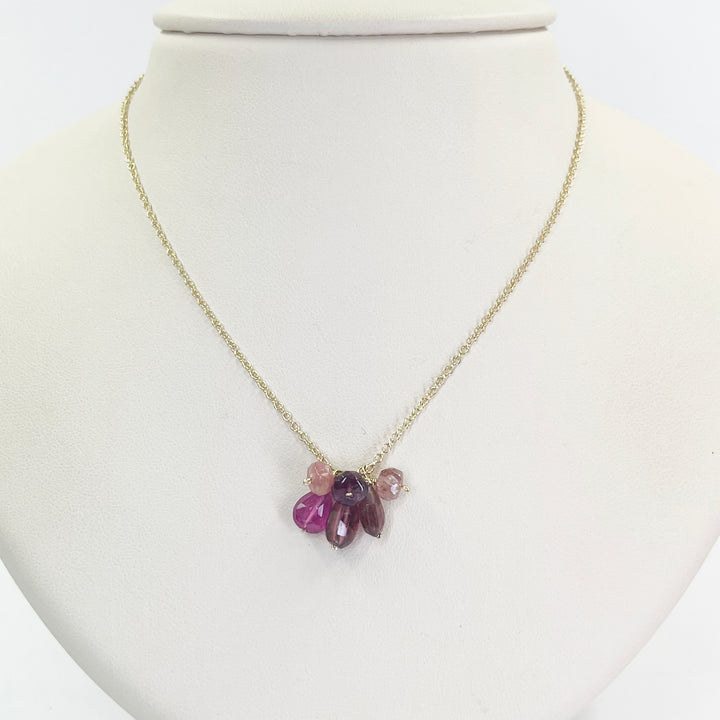 14K Yellow Gold Pink Tourmaline Bead Necklace – 16” Rolo Chain
