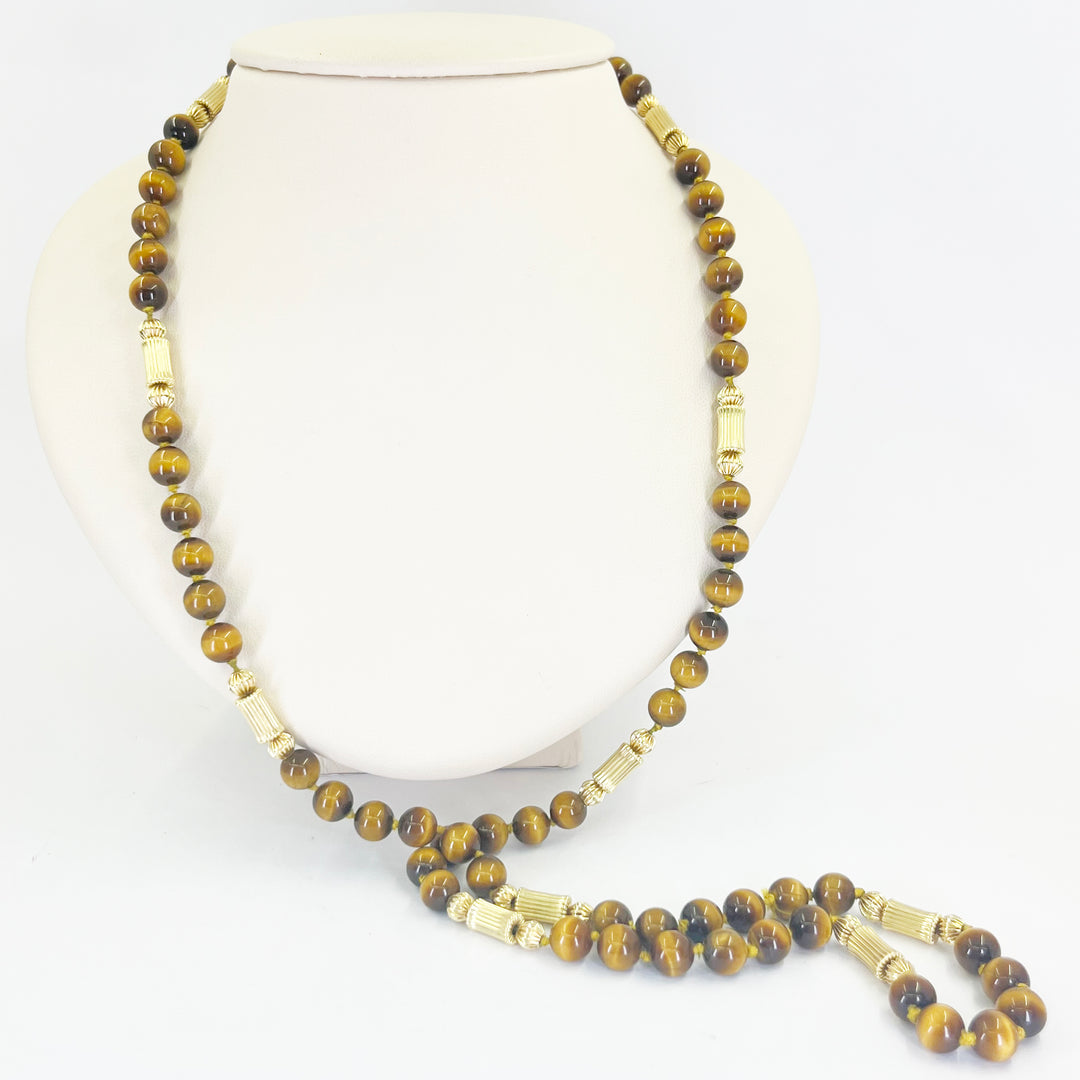 14K Yellow Gold Tiger Eye Beaded Necklace