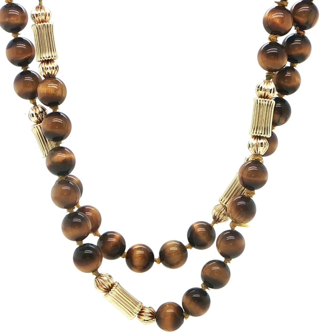 14K Yellow Gold Tiger Eye Beaded Necklace