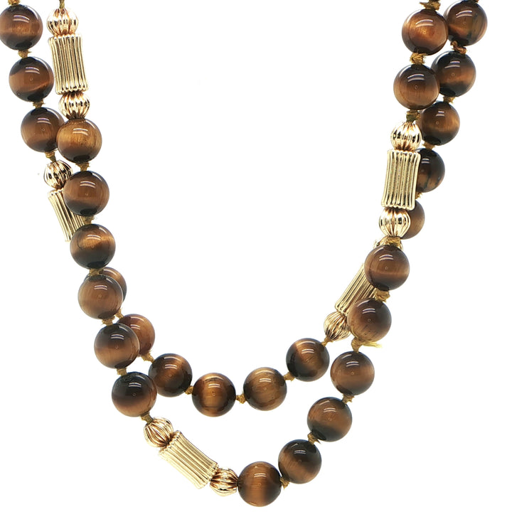 14K Yellow Gold Tiger Eye Beaded Necklace