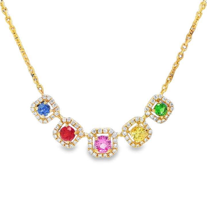 14K Yellow Gold Rainbow Sapphire Smile Necklace with Diamonds