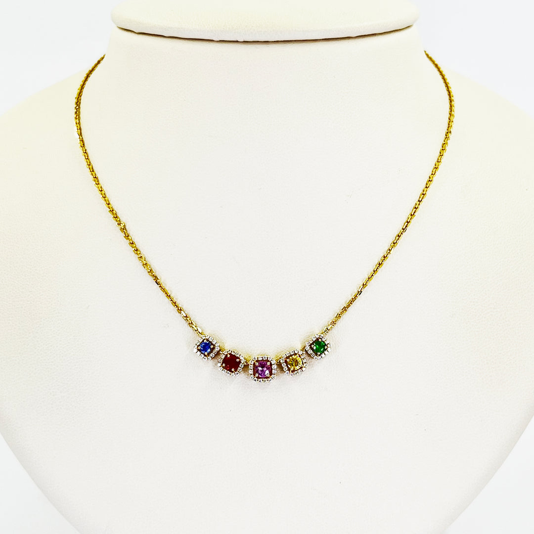 14K Yellow Gold Rainbow Sapphire Smile Necklace with Diamonds