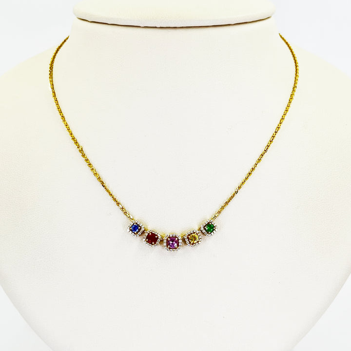 14K Yellow Gold Rainbow Sapphire Smile Necklace with Diamonds