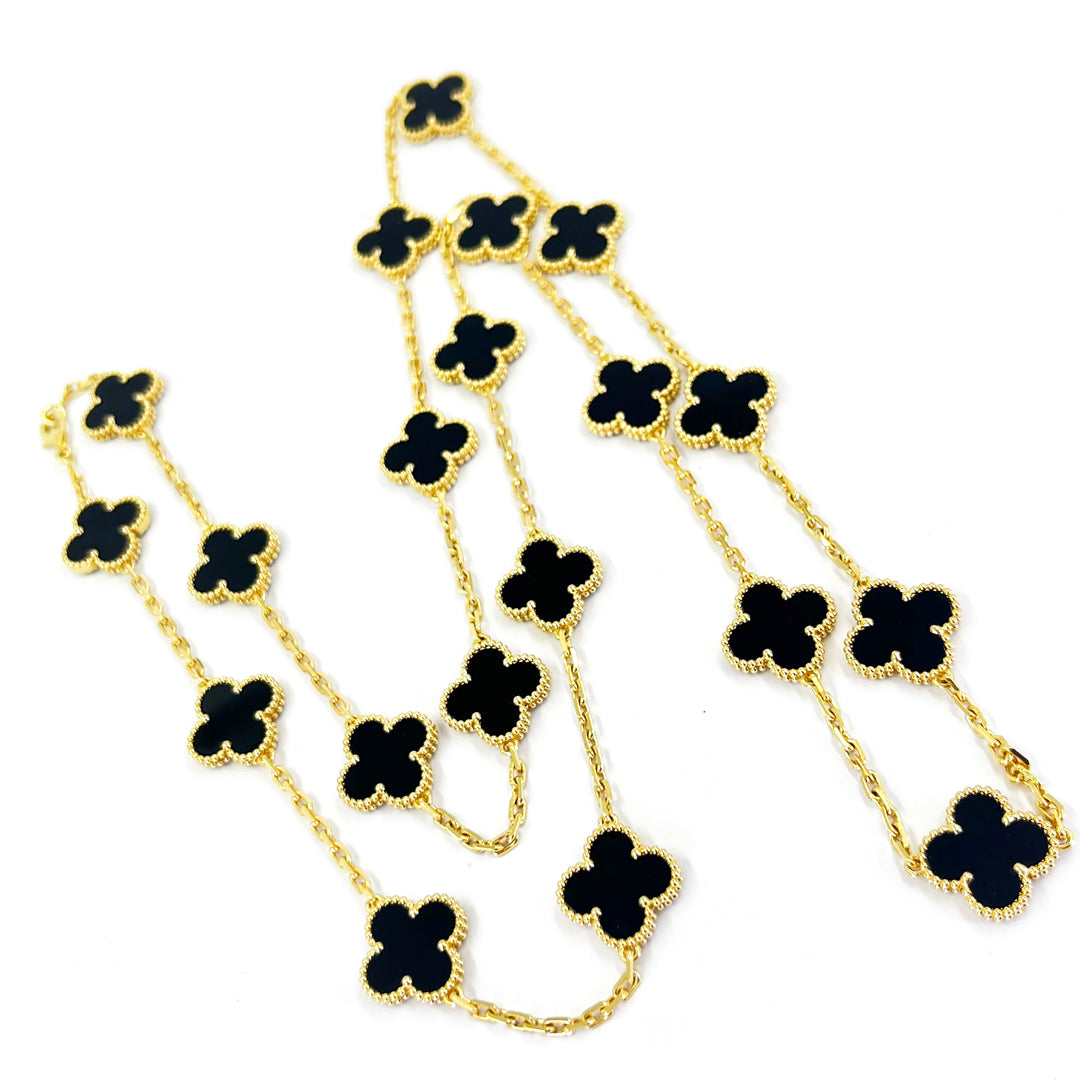 Van Cleef & Arpels Vintage Alhambra 20 Motif Onyx Necklace 18K Gold 34"