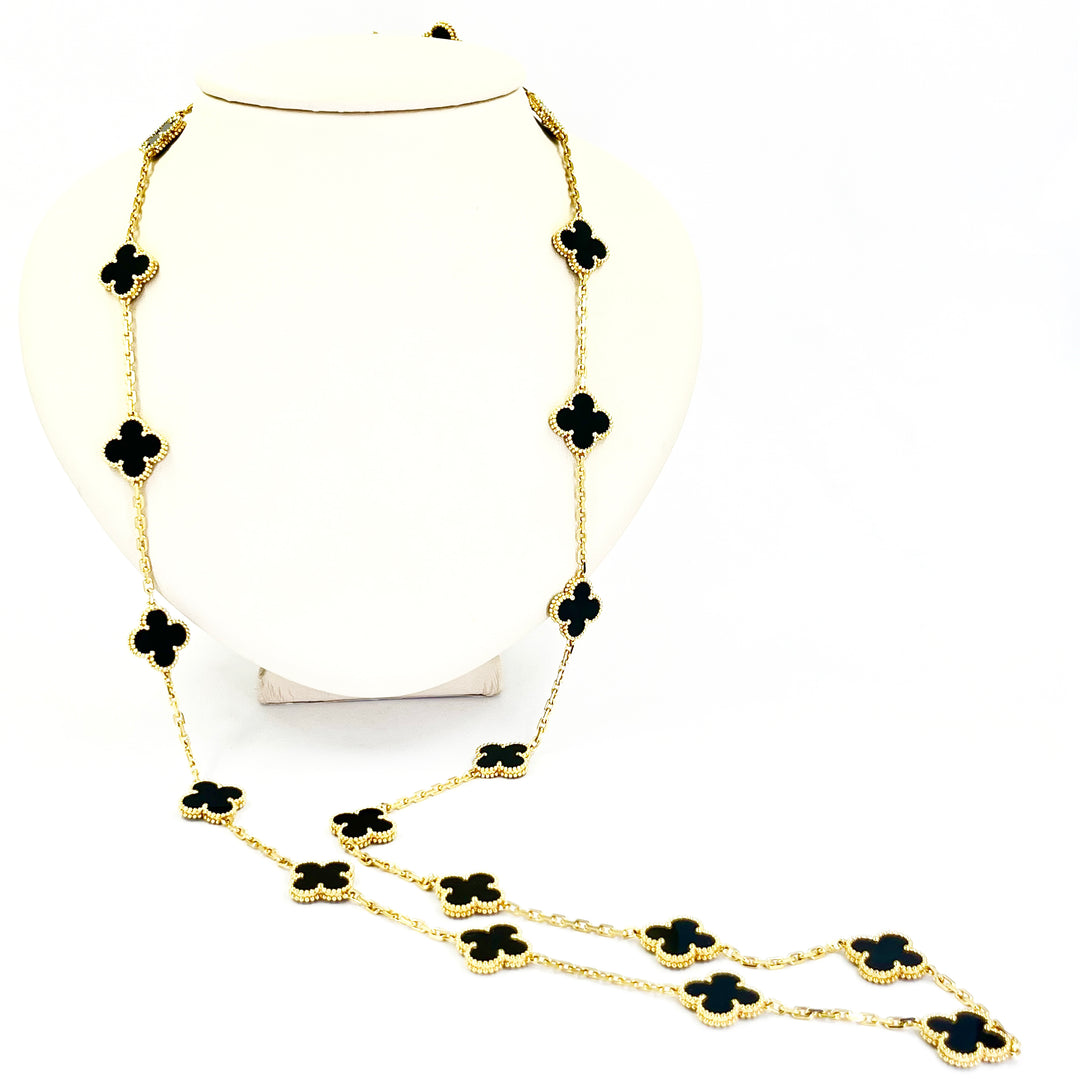 Van Cleef & Arpels Vintage Alhambra 20 Motif Onyx Necklace 18K Gold 34"