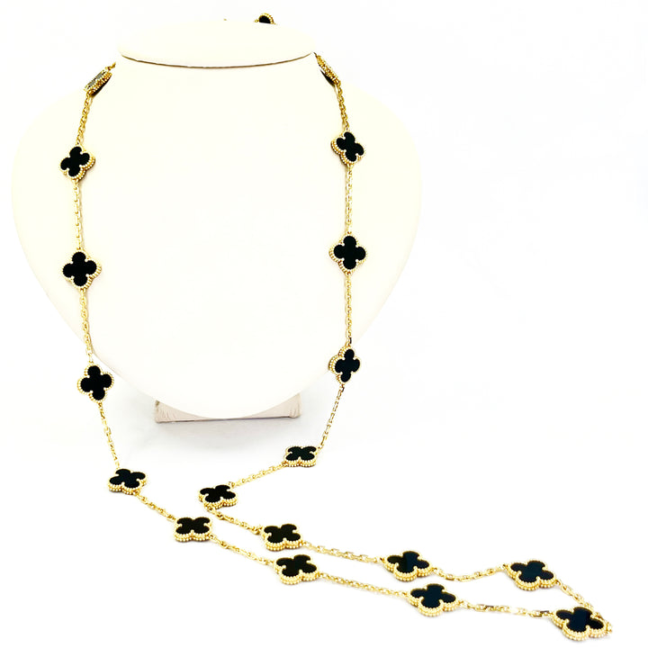 Van Cleef & Arpels Vintage Alhambra 20 Motif Onyx Necklace 18K Gold 34"
