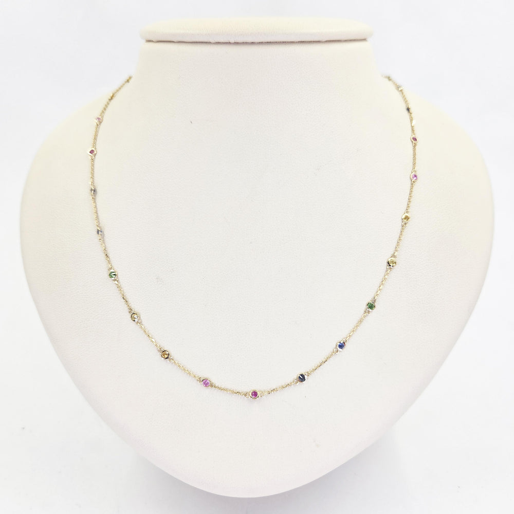 14K Yellow Gold Multicolor Gemstone Station Necklace