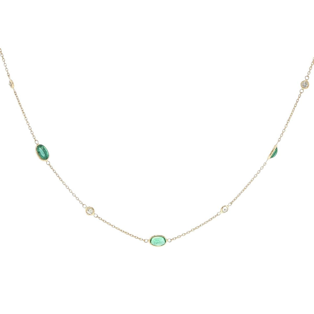 18K Yellow Gold Emerald & Diamond Bezel-Set Station Necklace