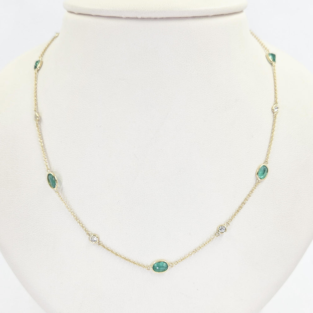 18K Yellow Gold Emerald & Diamond Bezel-Set Station Necklace