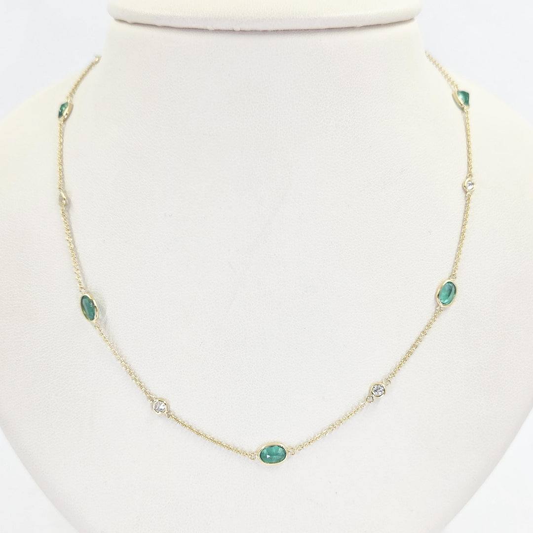 18K Yellow Gold Emerald & Diamond Bezel-Set Station Necklace