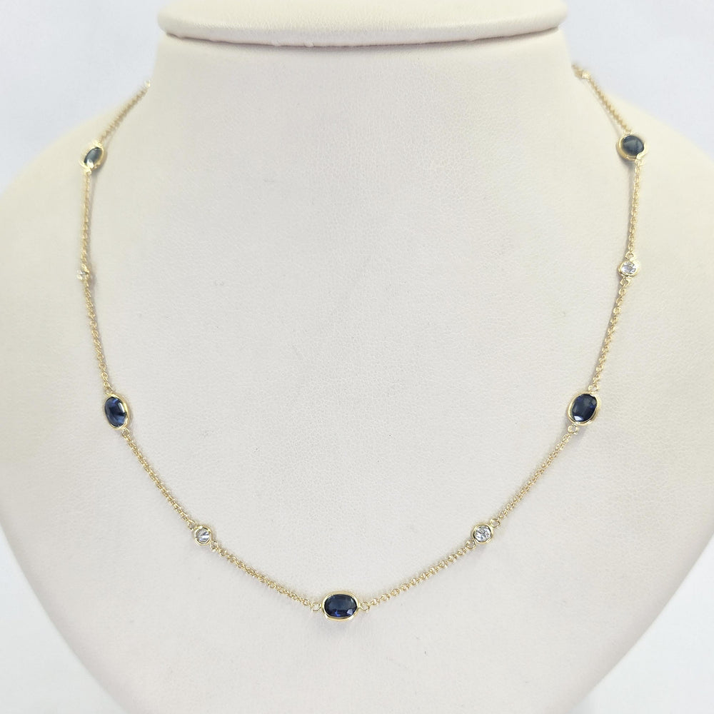18K Yellow Gold Sapphire & Diamond Bezel-Set Station Necklace