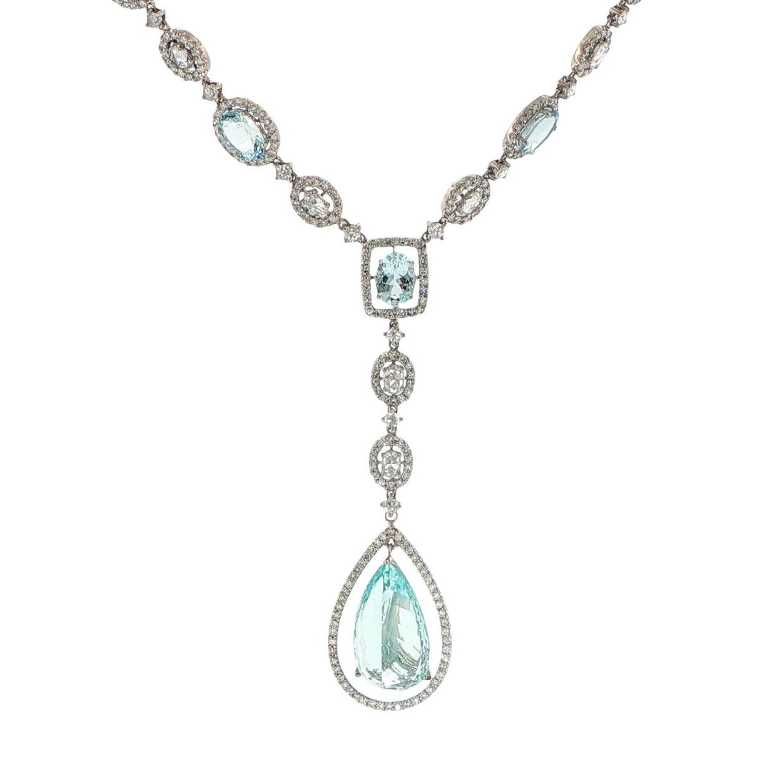 18K White Gold Aquamarine & Diamond Drop Necklace