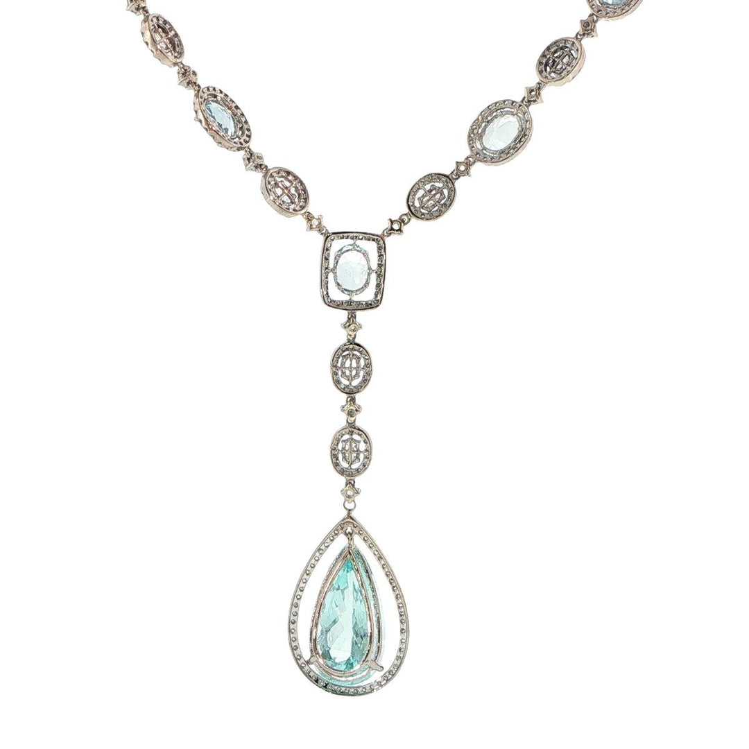 18K White Gold Aquamarine & Diamond Drop Necklace