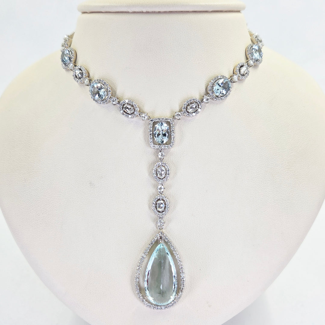 18K White Gold Aquamarine & Diamond Drop Necklace