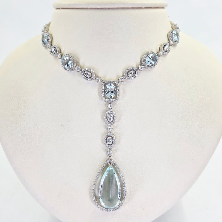 18K White Gold Aquamarine & Diamond Drop Necklace