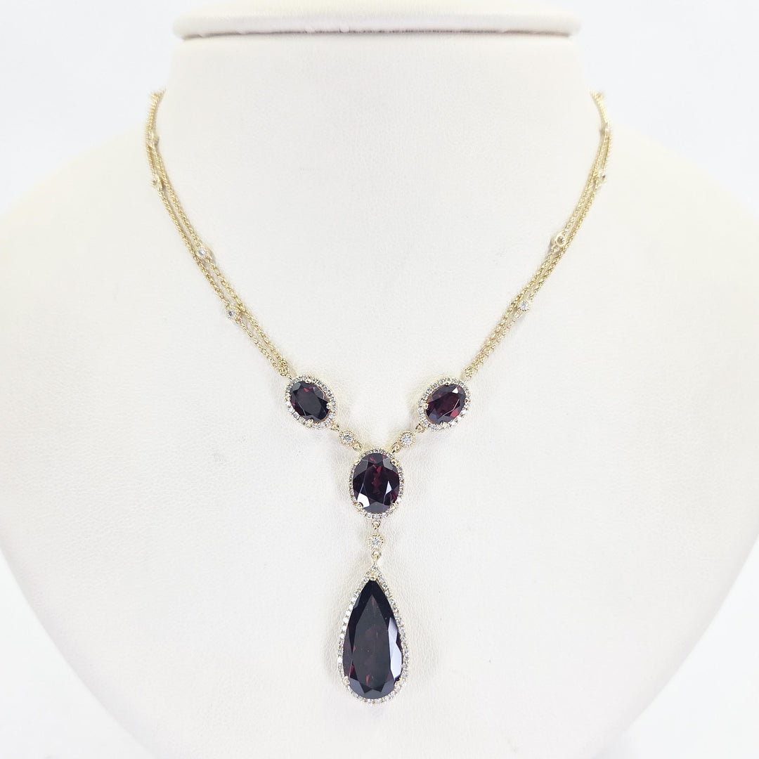 14K Yellow Gold Garnet & Diamond Teardrop Necklace
