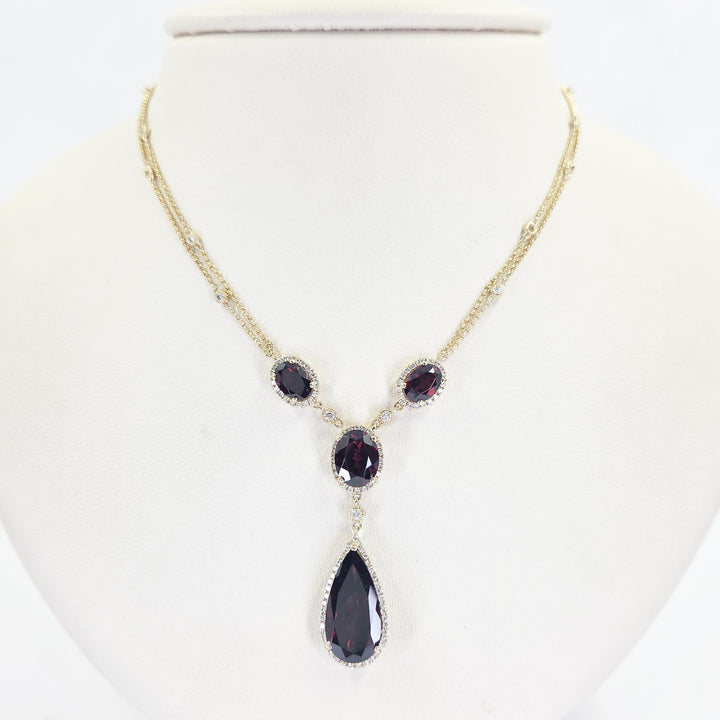 14K Yellow Gold Garnet & Diamond Teardrop Necklace