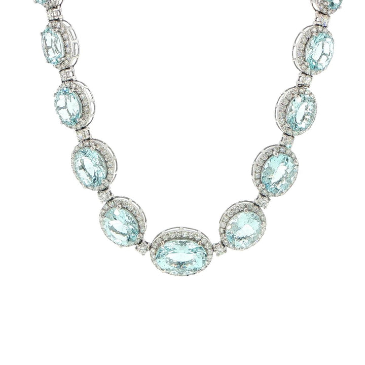 14K White Gold Aquamarine & Diamond Halo Necklace
