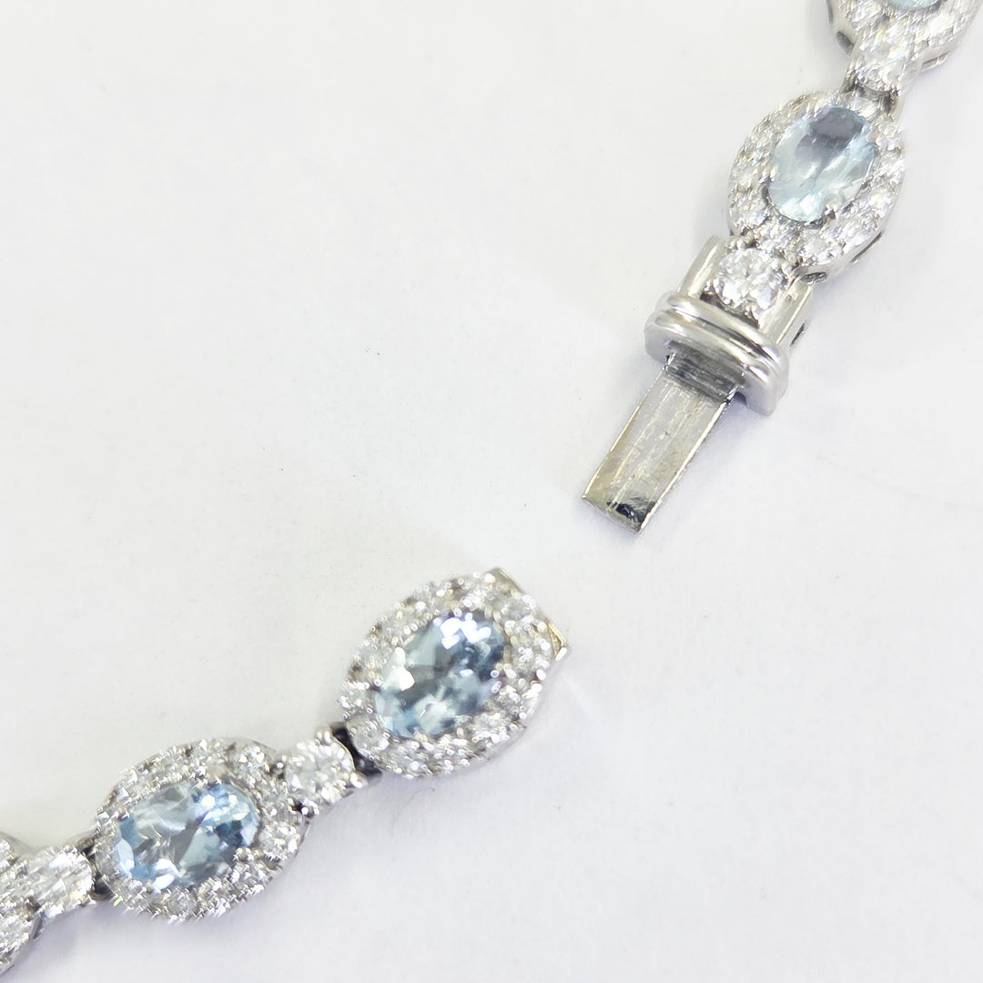 14K White Gold Aquamarine & Diamond Halo Necklace