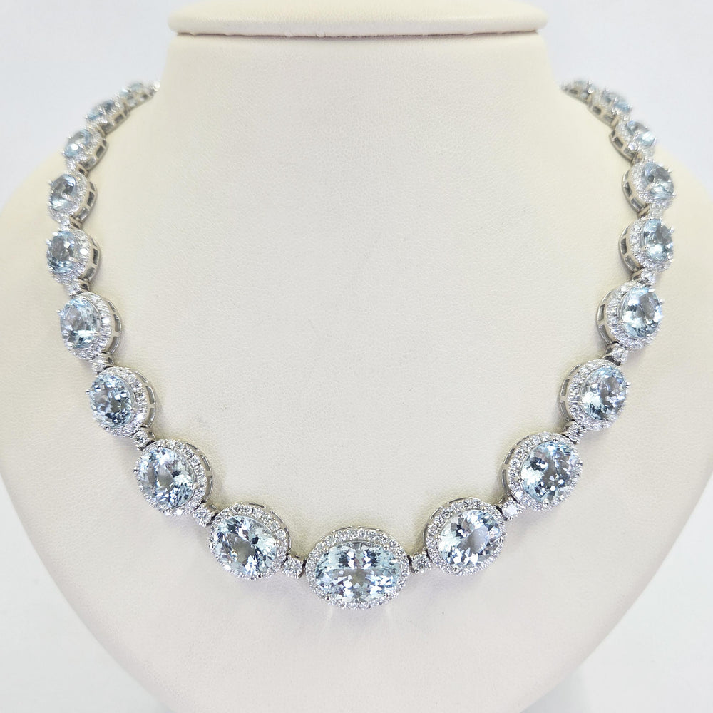 14K White Gold Aquamarine & Diamond Halo Necklace