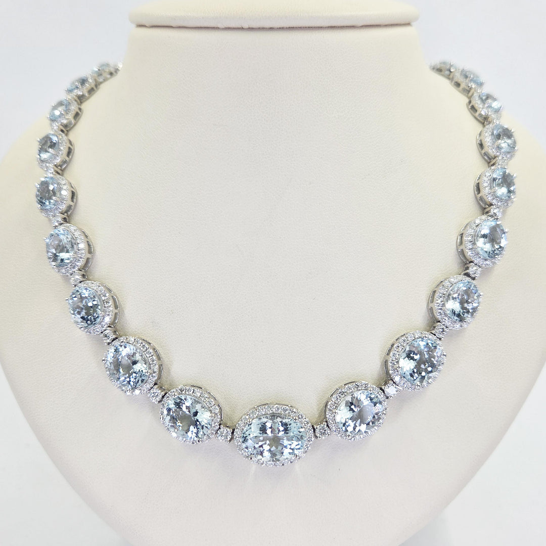 14K White Gold Aquamarine & Diamond Halo Necklace